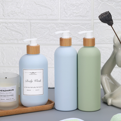 Shampoo Bottle with Bamboo Lid HDPE Plastic Type Soft Touch Empty Body Lotion Container